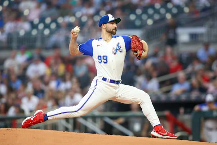 Sep 30, 2023; Atlanta, Georgia, USA; Atlanta Braves starting pitcher Spencer Strider (99) throws against the Washington Nationals in the first inning at Truist Park.